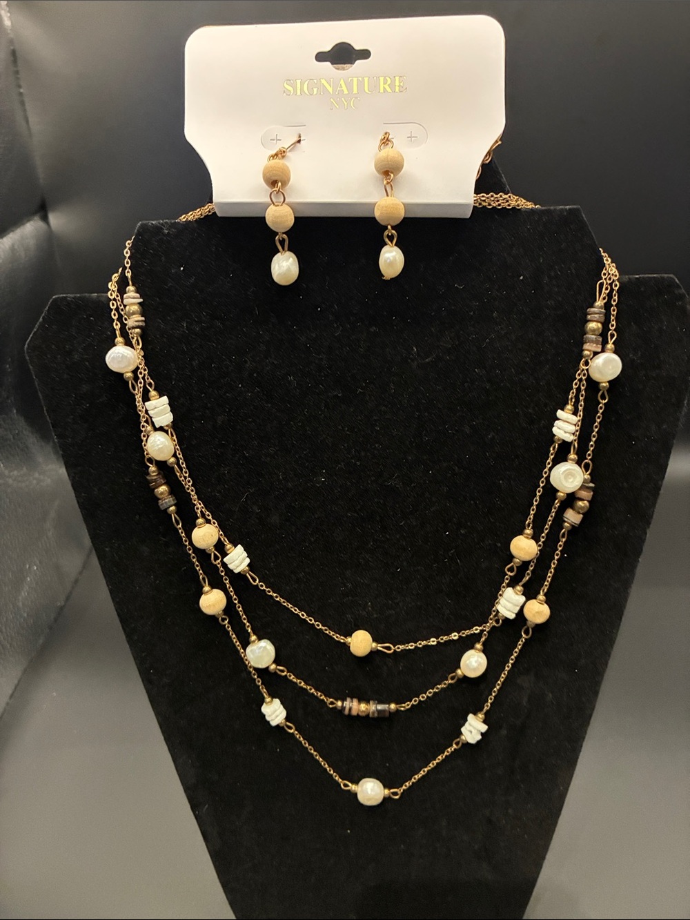 Signature Gold-Tone Multi-Strand Necklace with Cream and Brown Beads